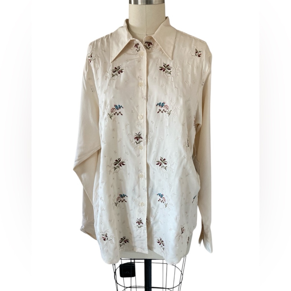 Cambridge Dry Goods Ivory Silk Floral Embroidered Blouse, Sz M, NWT